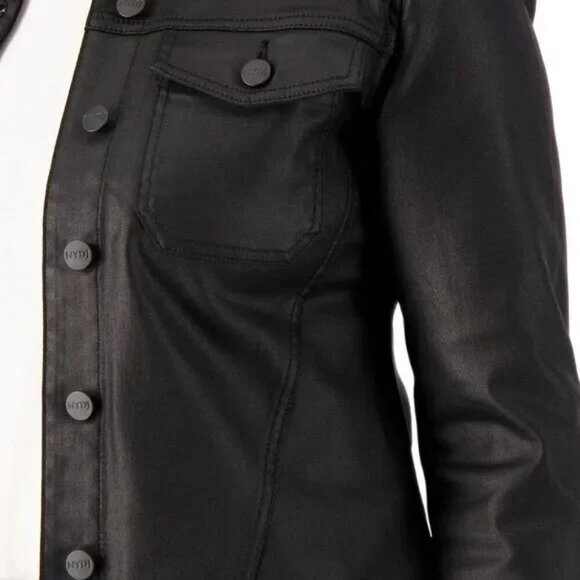 NYDJ Black Coated Denim Trucker Jacket with Slanted Seams S Could fit M - Picture 6 of 15